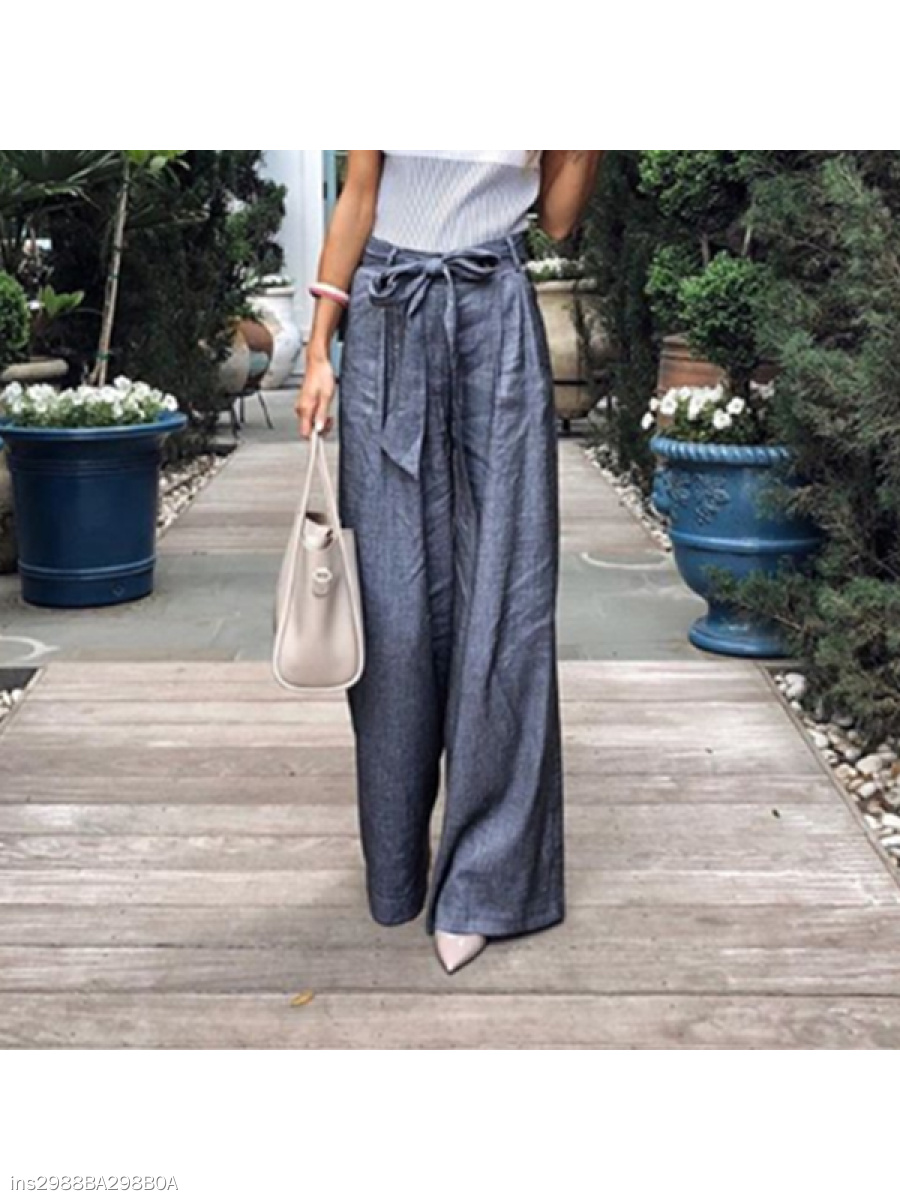 Solid Color Tie Wide Leg Pants