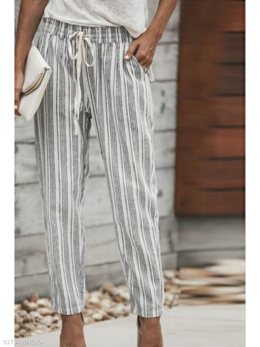 Slim Leg Belt Striped Pants