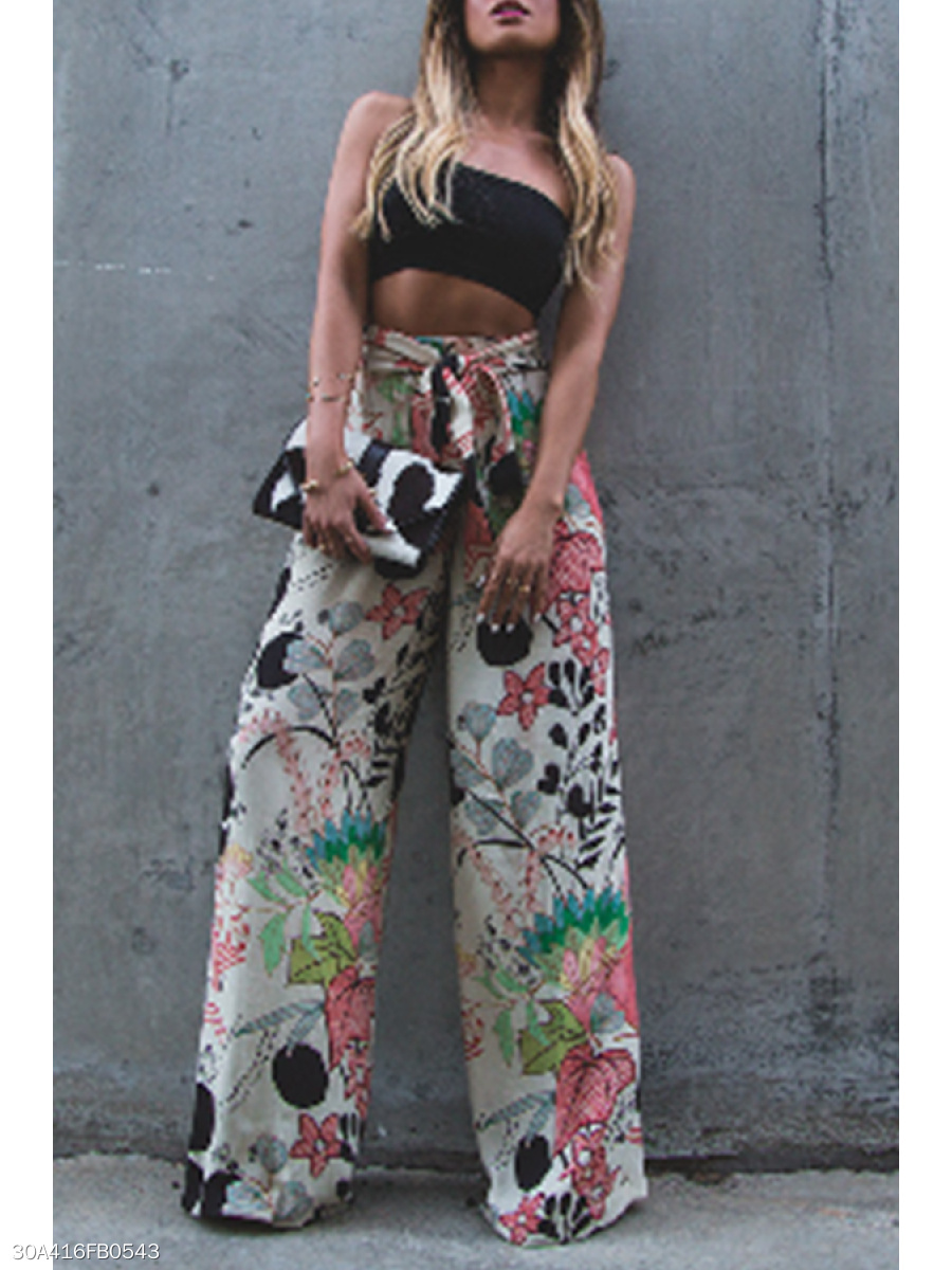 Embroidered Belt Print Casual Pants