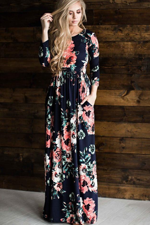 Round Neck Long Sleeve Floral Super Long Maxi Dress