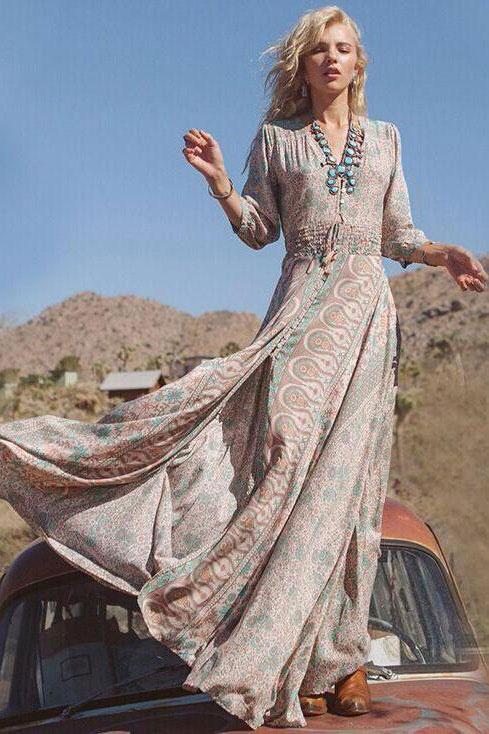 V-neck Long Sleeve Maxi Dress