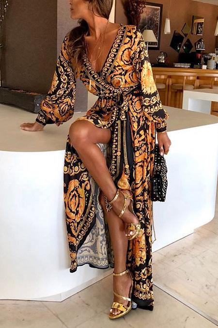 V Neck Tie-Wrap Split Maxi Dresses