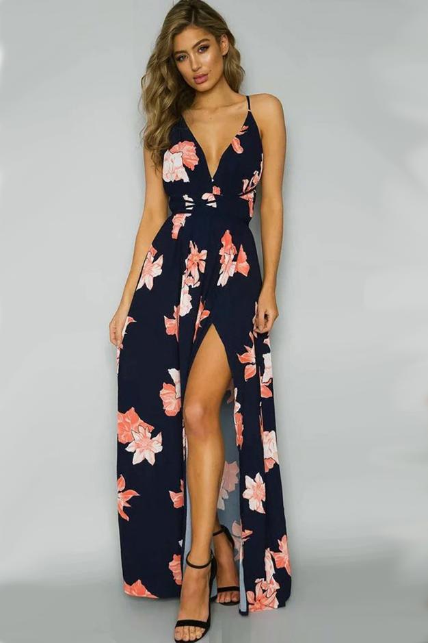 Floral Printed High Slit Maxi Prom Dress