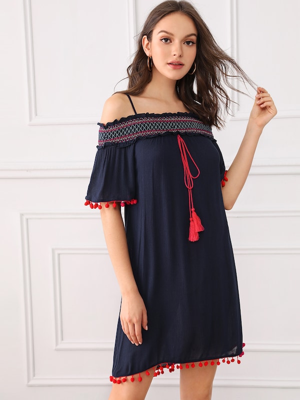 Cold Shoulder Pompom & Tassel Knot Detail Shirred Dress