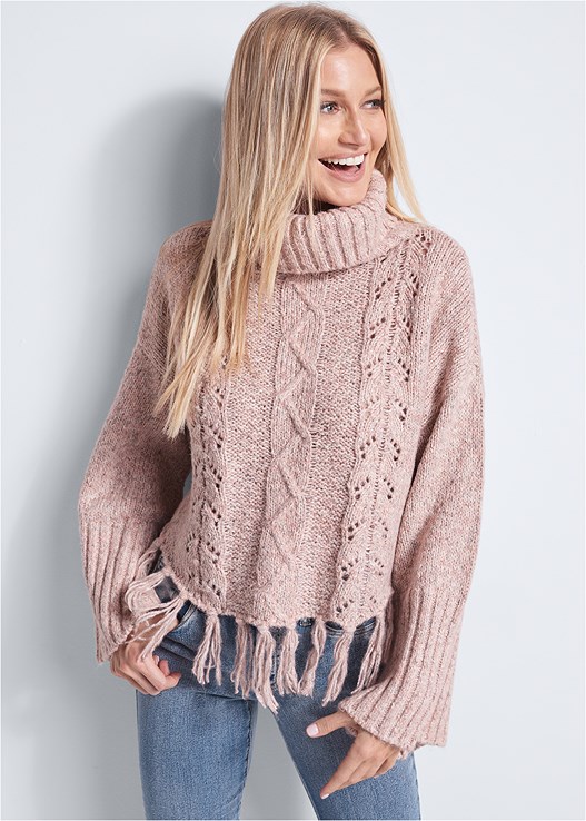 CABLE KNIT FRINGE SWEATER