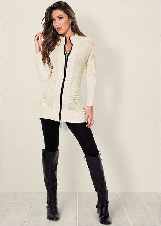 FAUX LEATHER TRIM CARDIGAN