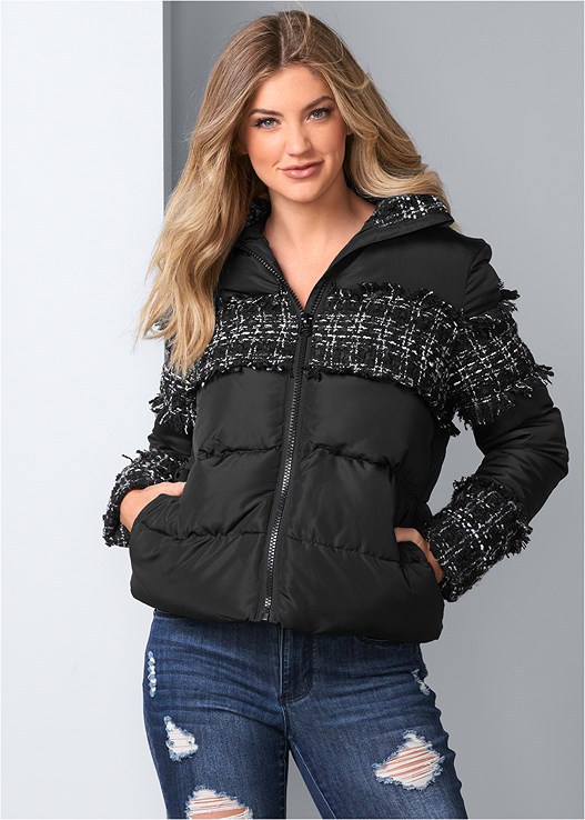 BLACK PLAID DETAIL PUFFER JACKET