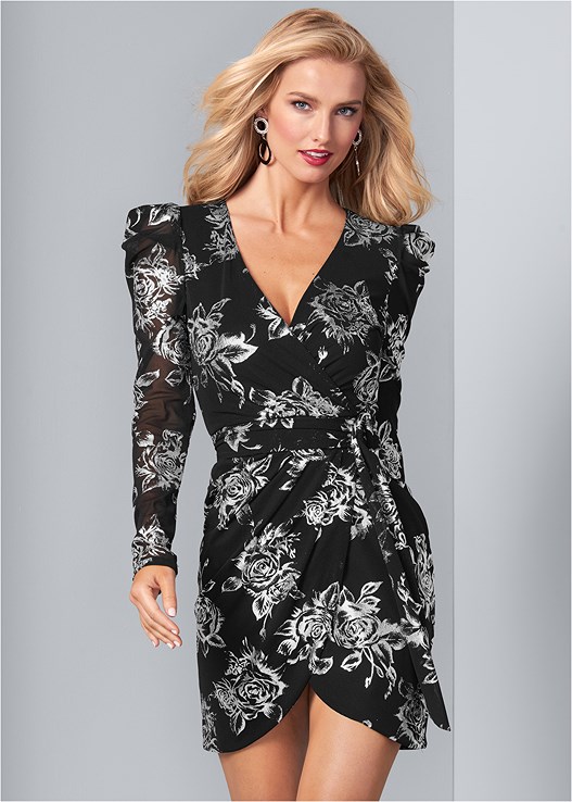 BLACK MULTI FOIL WRAP DETAIL DRESS
