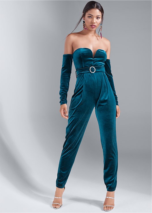DARK TEAL VELVET STRAPLESS JUMPSUIT