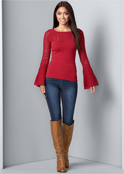 RED CROCHET DETAIL SWEATER