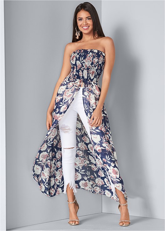 NAVY MULTI SMOCKED FLORAL HIGH LOW TOP