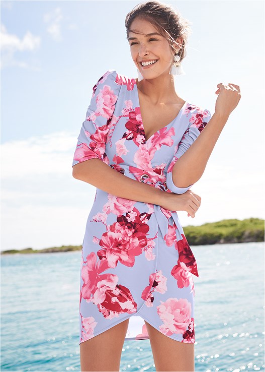 LIGHT BLUE FLORAL FAUX WRAP DRESS