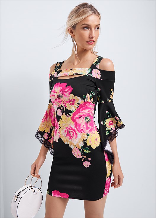 BLACK MULTI FLORAL COLD SHOULDER DRESS