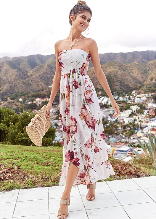 WHITE MULTI STRAPLESS SMOCKED DRESS