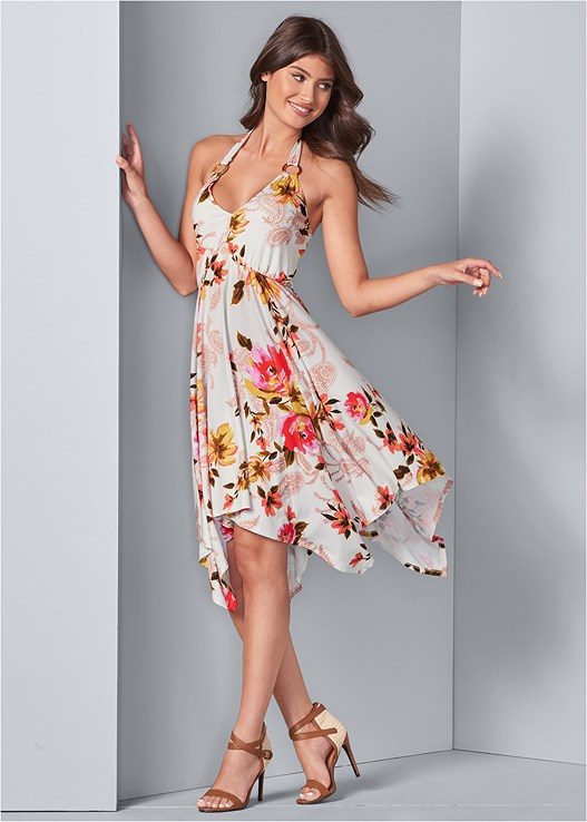 WHITE MULTI FLORAL SHARKBITE DRESS