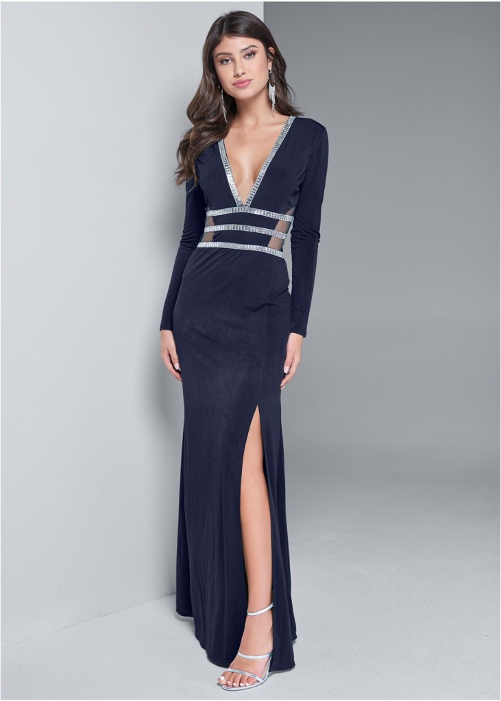 EMBELLISHED TRIM LONG DRESS