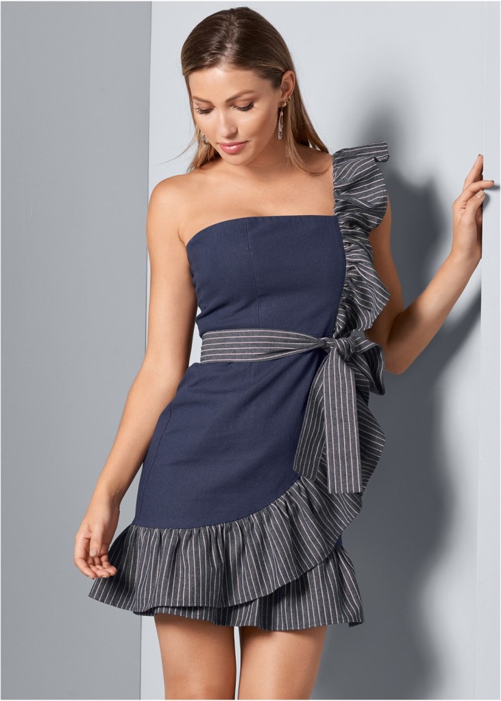 RUFFLE DETAIL DENIM DRESS