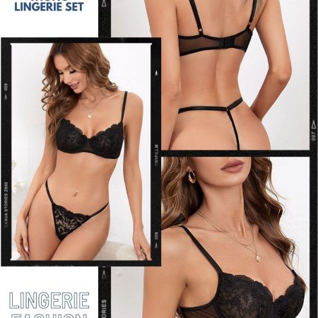 EMBROIDERED MESH UNDERWIRE THONG LINGERIE SET