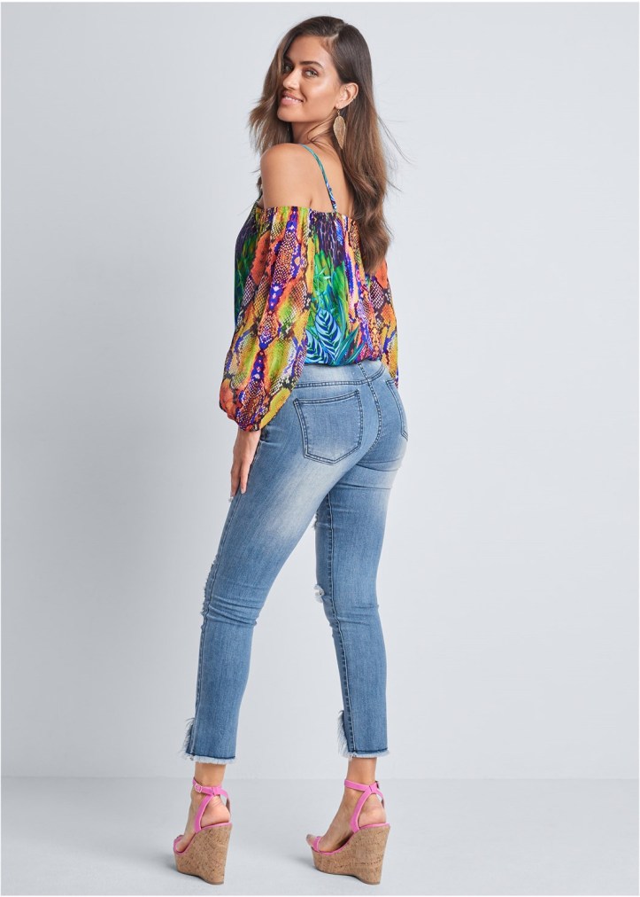 PRINTED COLD SHOULDER TOP