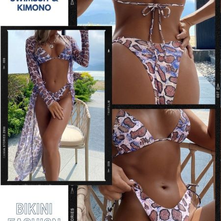 3PACK SNAKESKIN PRINT HIGH CUT BIKINI SWIMSUIT & KIMONO
