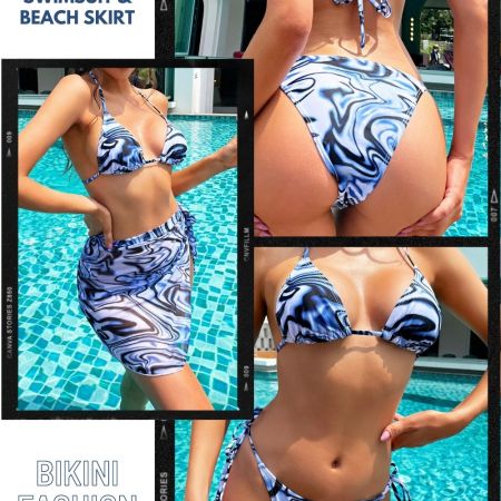 WAVE PRINT TRIANGLE BIKINI SWIMSUIT & BEACH SKIRT