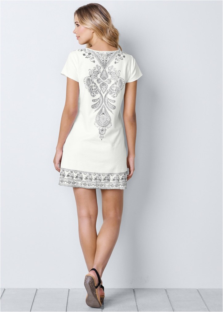 WHITE AND BLACK EMBELLISHED MINI DRESS