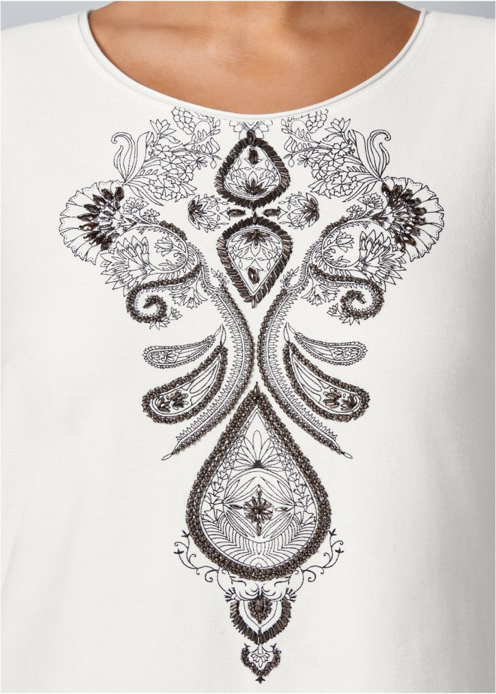 WHITE AND BLACK EMBELLISHED MINI DRESS