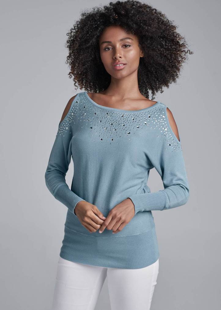 BLUE COLD SHOULDER SWEATER