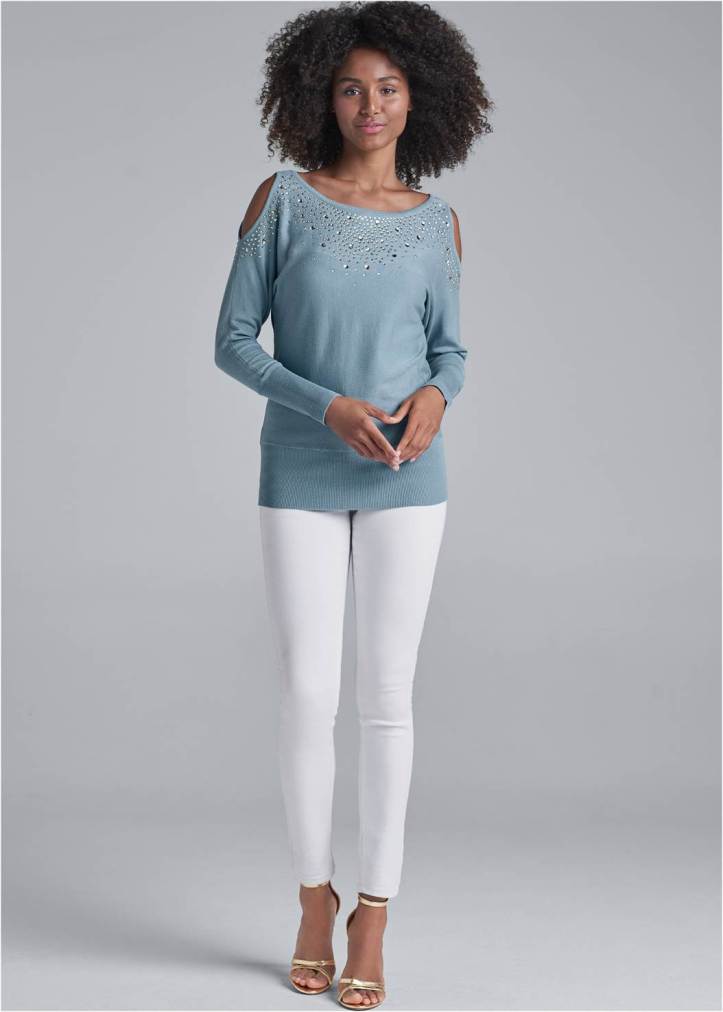 BLUE COLD SHOULDER SWEATER