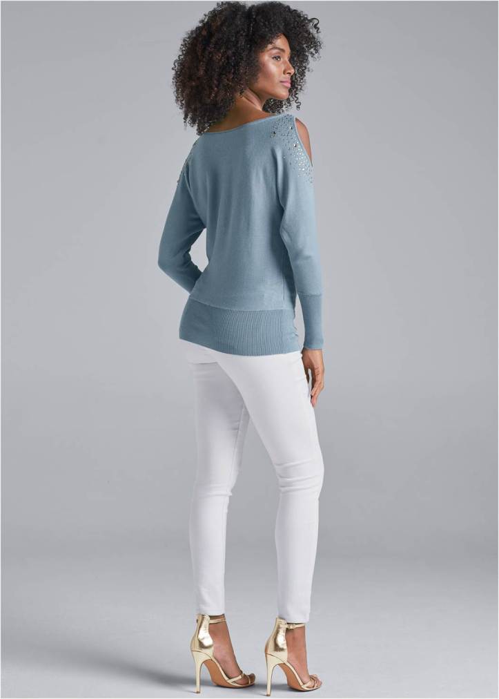 BLUE COLD SHOULDER SWEATER