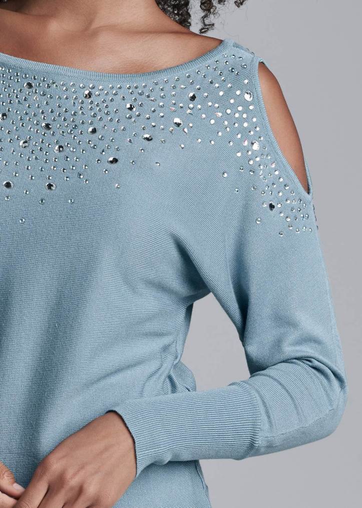 BLUE COLD SHOULDER SWEATER