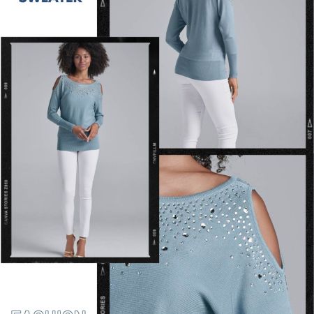 BLUE COLD SHOULDER SWEATER
