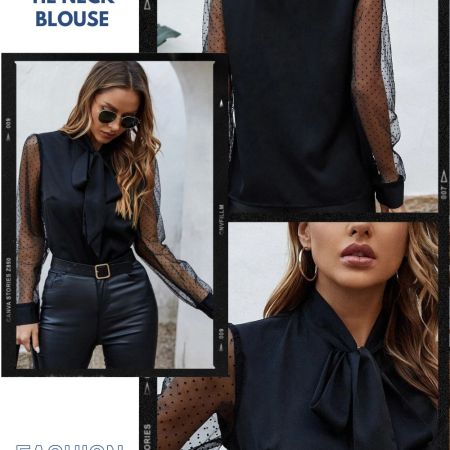 CONTRAST POLKA DOT MESH TIE NECK BLOUSE