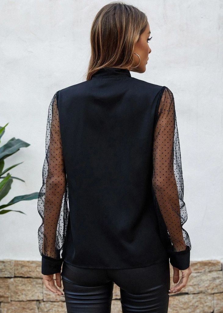 CONTRAST POLKA DOT MESH TIE NECK BLOUSE