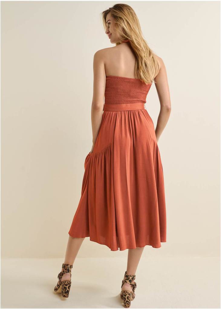 BELTED HALTER MIDI DRESS