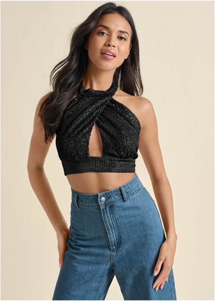 SEQUIN HALTER CROP TOP